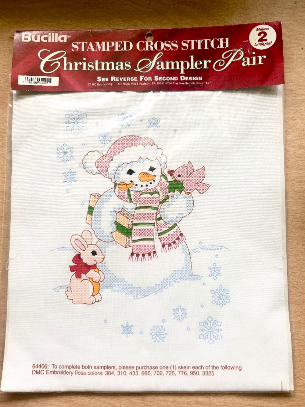 Vintage Bucilla Stamped Cross Stitch Christmas Sampler Pair Snowman Santa